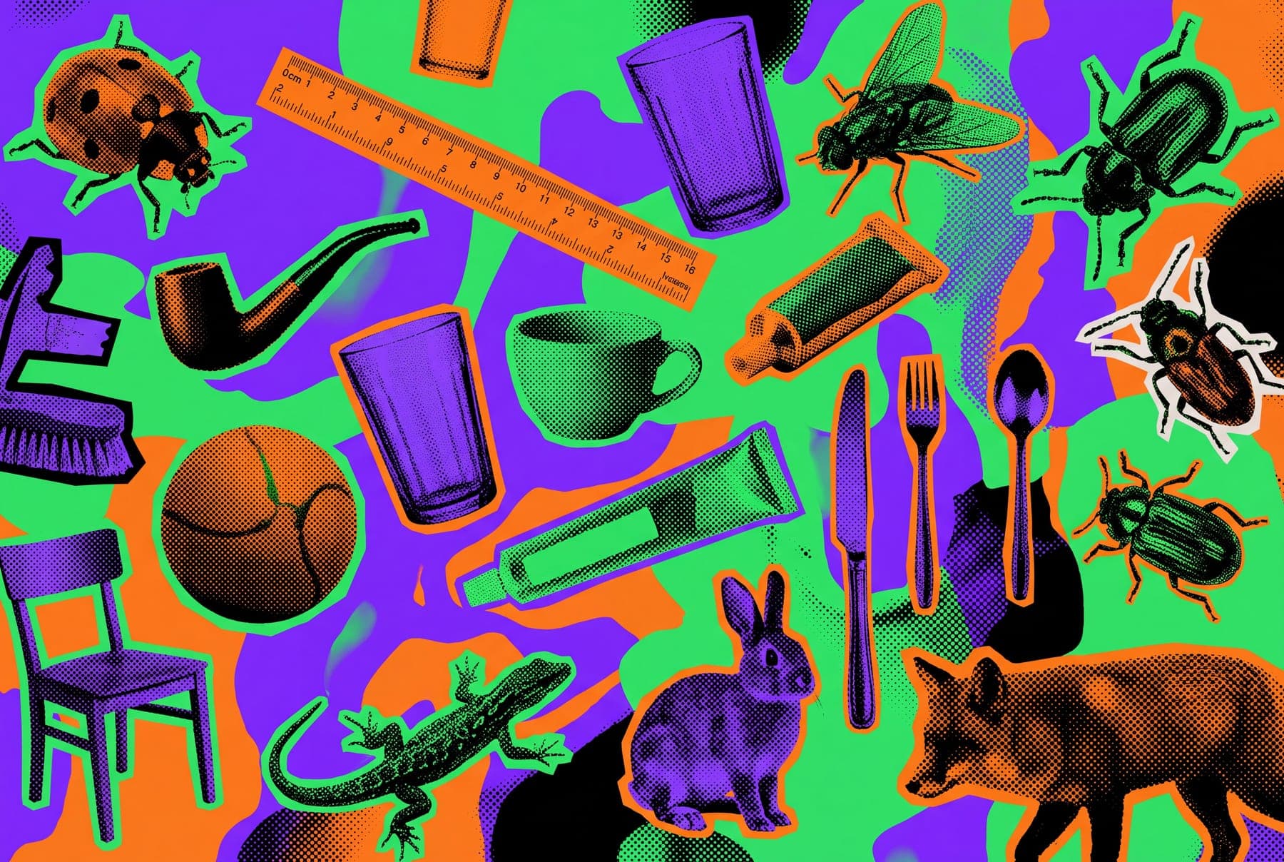 Collage of everyday objects in blue tones